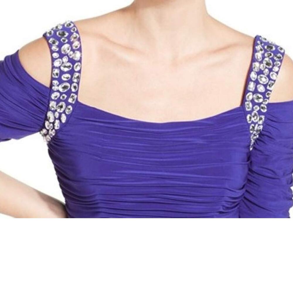 Alex Evenings Plus Size 14 Cobalt Blue Cold Shoulder Embellished Ruched Gown NWT - Picture 2 of 14